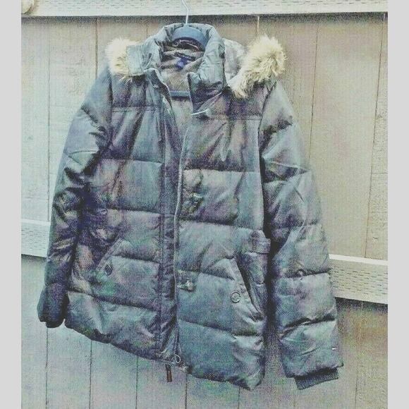 Tommy Hilfiger Winter Womens Hooded Jacket Steel Gray Color With Fur Edging On H - Picture 1 of 7